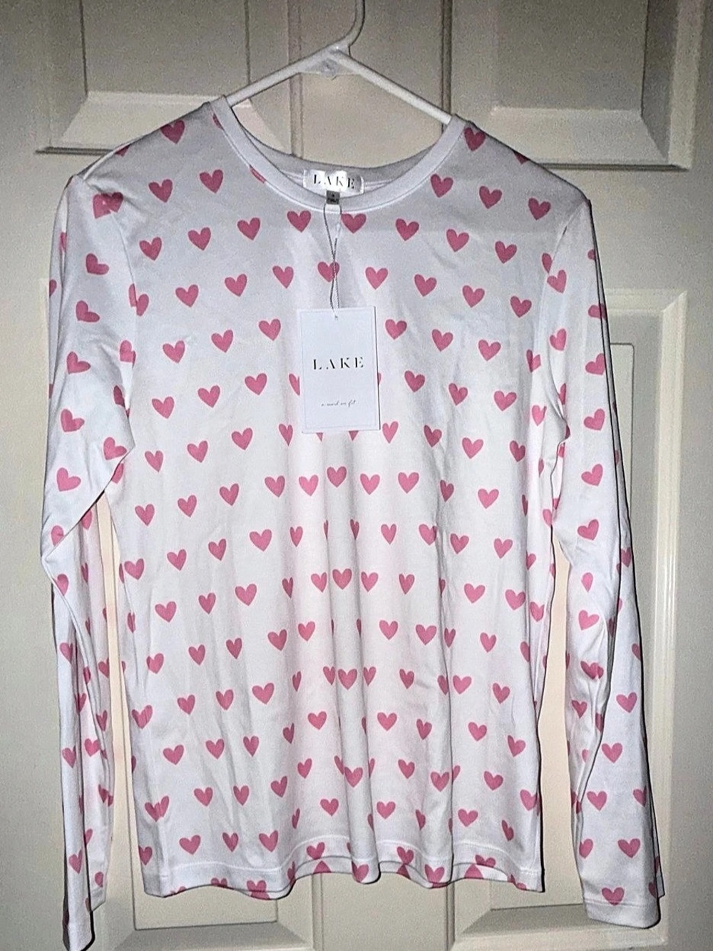 NWT LAKE Pajamas Pima Crew Long-Long Set Darling Pink Heart - Small